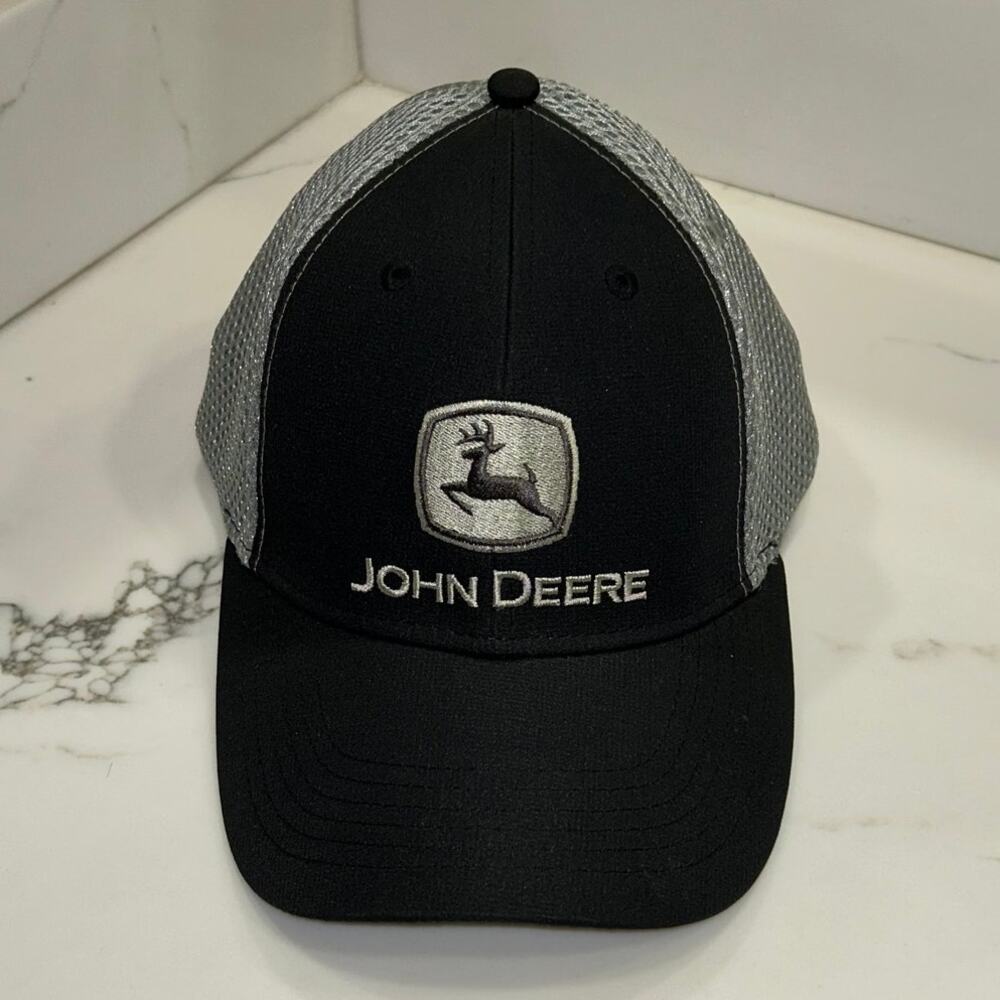 John Deere Mesh Flex Fit Hat Cap Black Gray Embroidered Logo Stretch Fit Adult